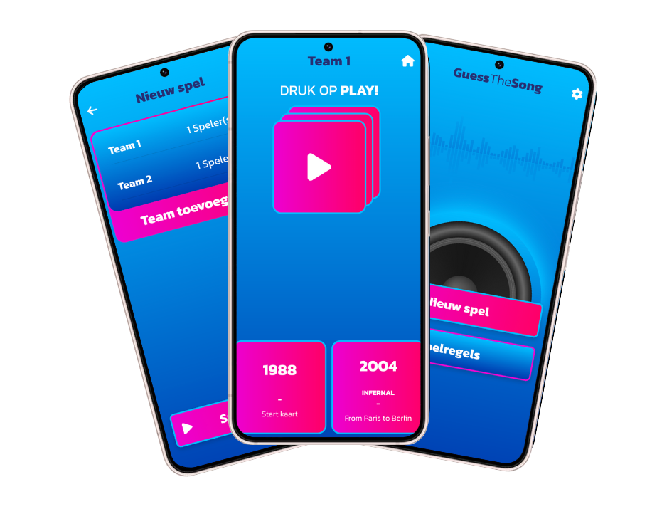 GuessTheSong app - 3 beelden vanuit de app die de online variant is van Hitster